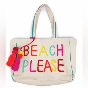 KATYDID “Beach Please” Embroidered Canvas Tote‎ Bag with Tassel Charm